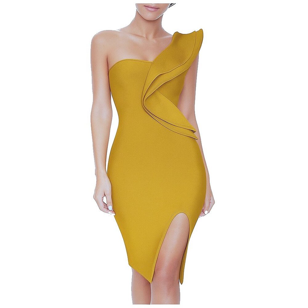 Elegant Ruffle One-Shoulder Mustard Yellow Party Cocktail Midi Bandage Dress